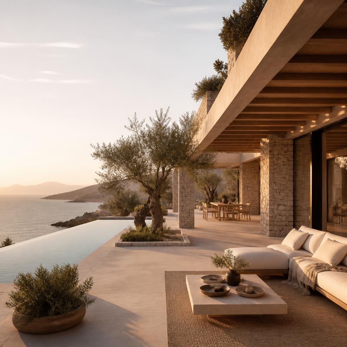 Detalle arquitectónico de la terraza de una villa en la Costa del Sol